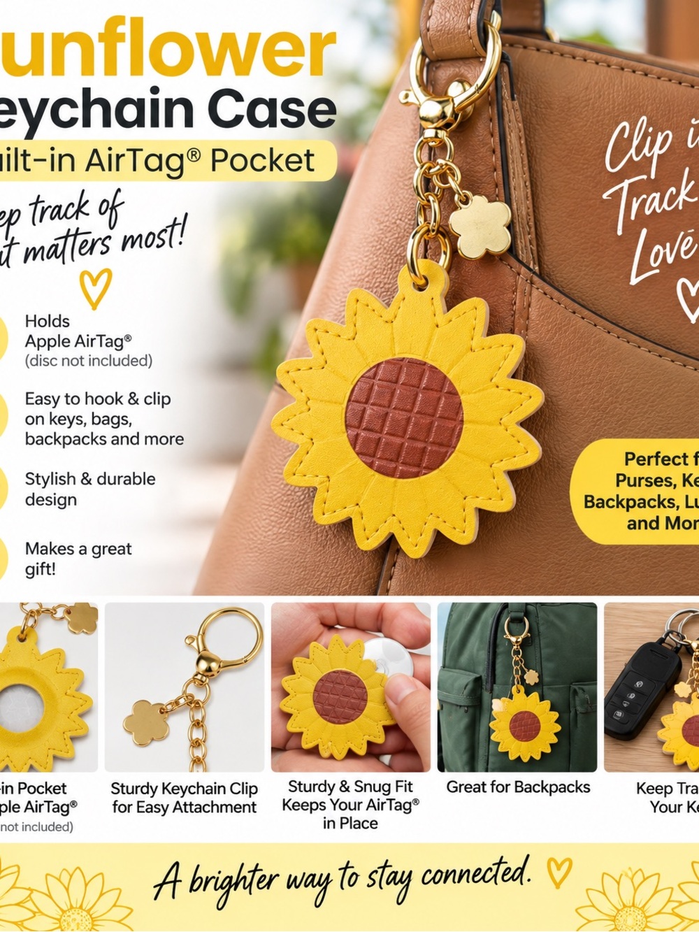 Yellow Sunflower Keychain AirTag Holder with Gold Clip